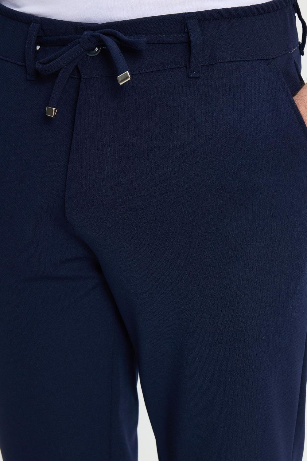 Erkek Slim Fit Dar Kesim Beli Lastikli Bağcık Detaylı Lacivert Pantolon