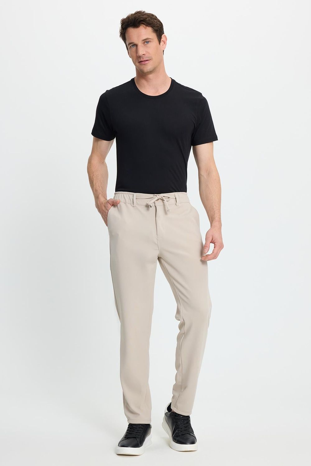 Erkek Slim Fit Dar Kesim Beli Lastikli Bağcık Detaylı Taş Pantolon