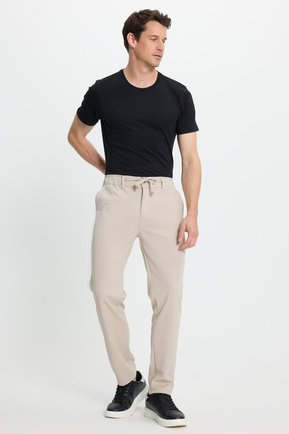 Erkek Slim Fit Dar Kesim Beli Lastikli Bağcık Detaylı Taş Pantolon