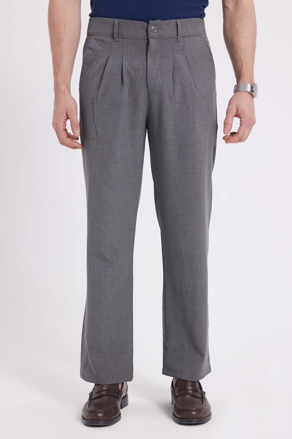 Erkek Regular Fit Klasik Kesim Normal Bel Geniş Paça Açık Gri Pantolon