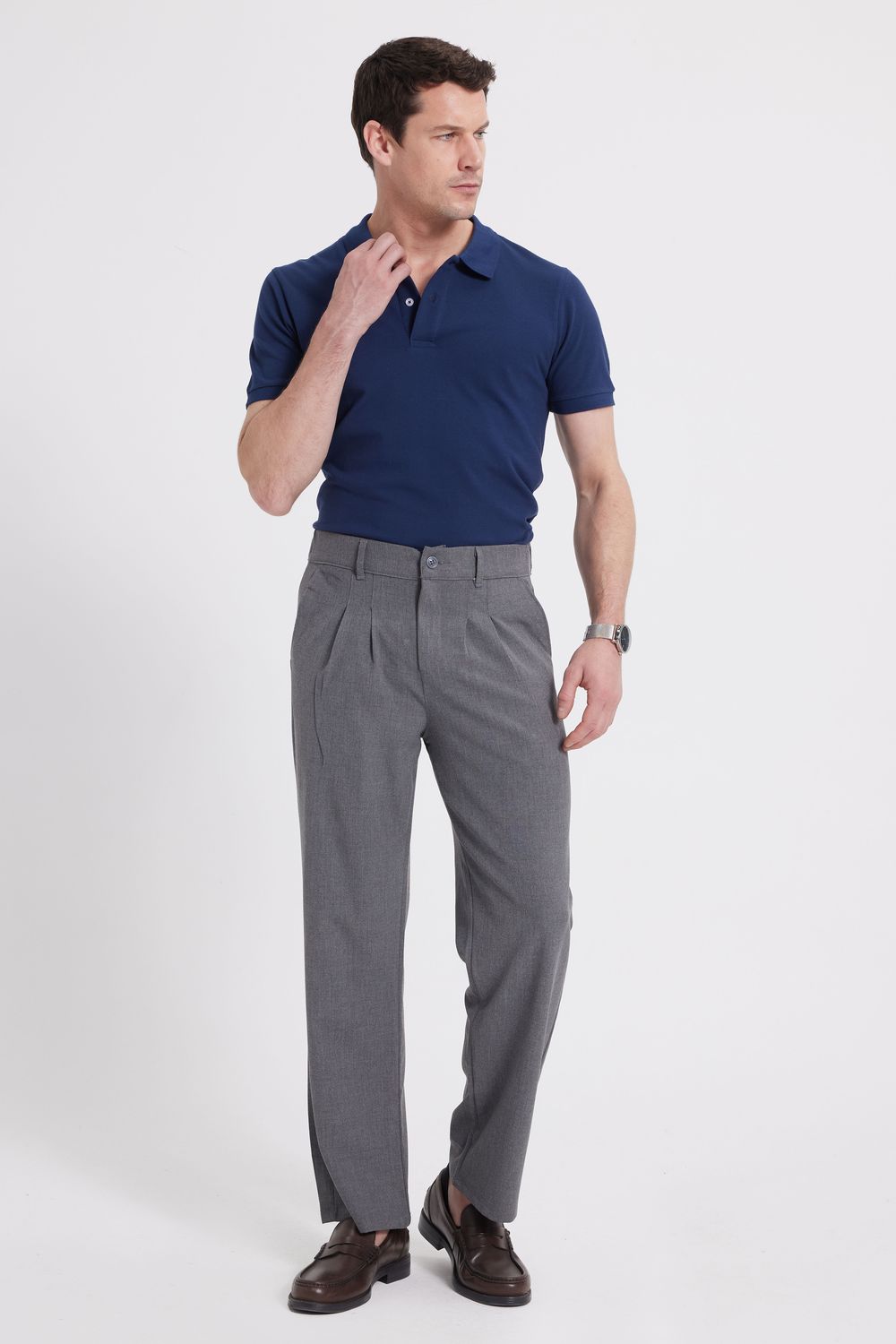 Erkek Regular Fit Klasik Kesim Normal Bel Geniş Paça Açık Gri Pantolon