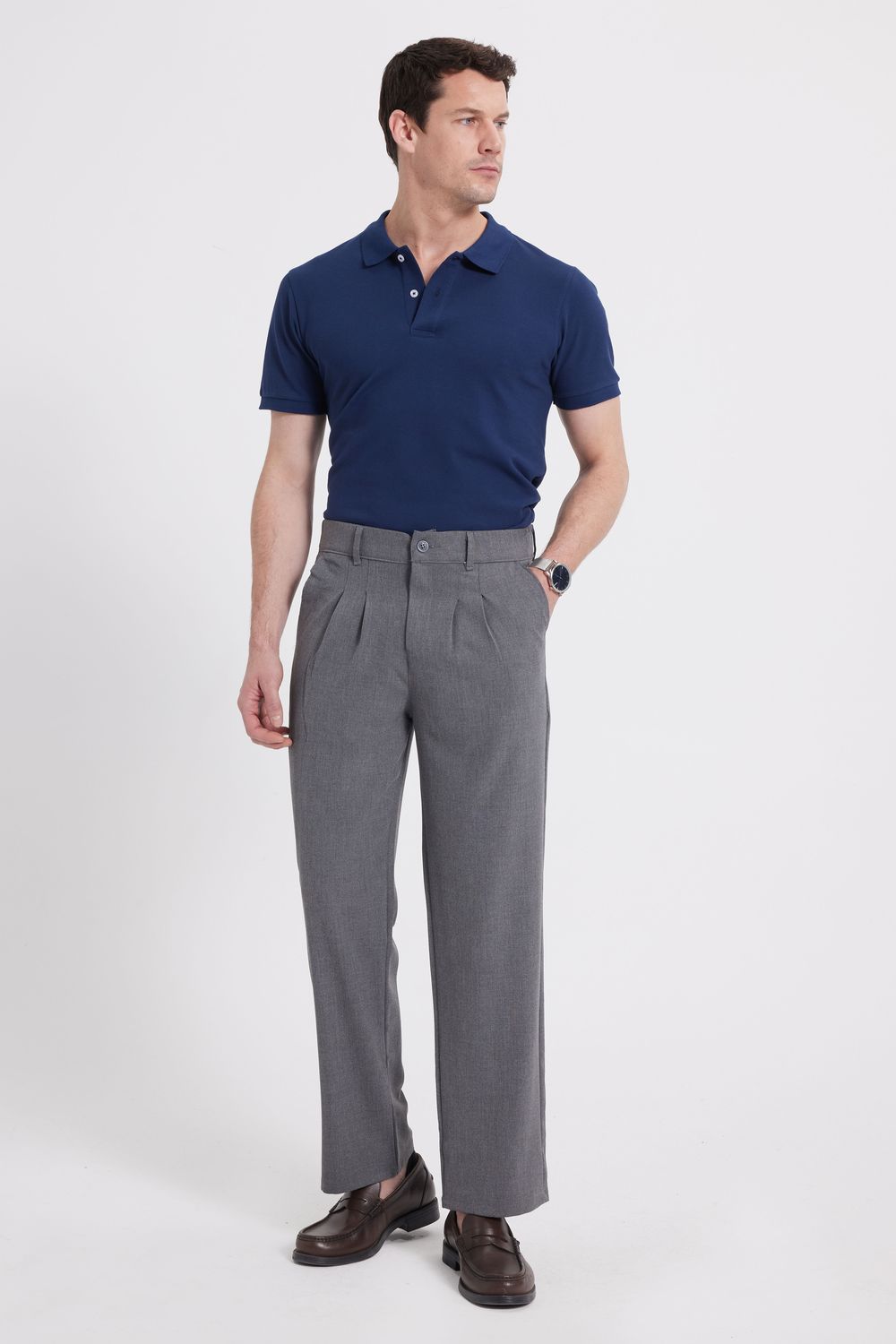 Erkek Regular Fit Klasik Kesim Normal Bel Geniş Paça Açık Gri Pantolon