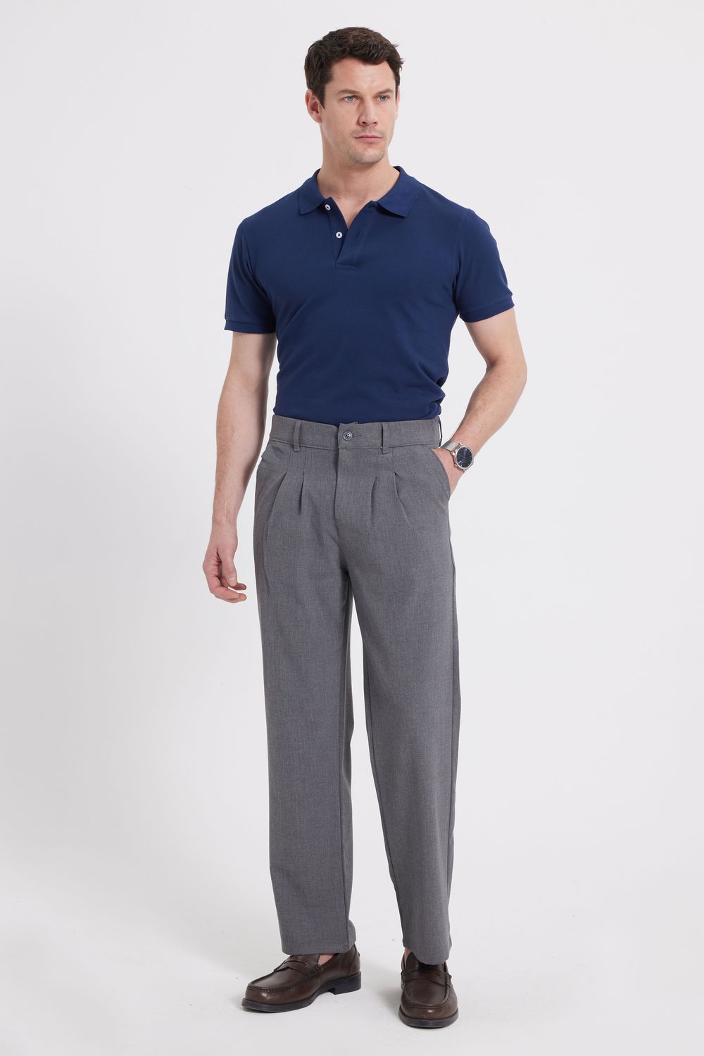 Erkek Regular Fit Klasik Kesim Normal Bel Geniş Paça Açık Gri Pantolon