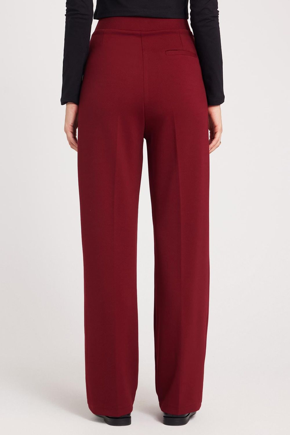 Kadın Regular Fit Klasik Kesim Cırt Kapamalı Geniş Paça Bordo Pantolon