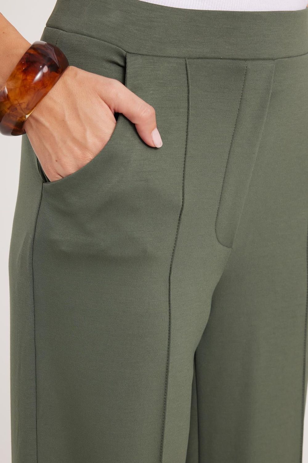Kadın Relax Fit Rahat Kesim Modal Kumaş Yüksel Bel Geniş Paça Haki Pantolon