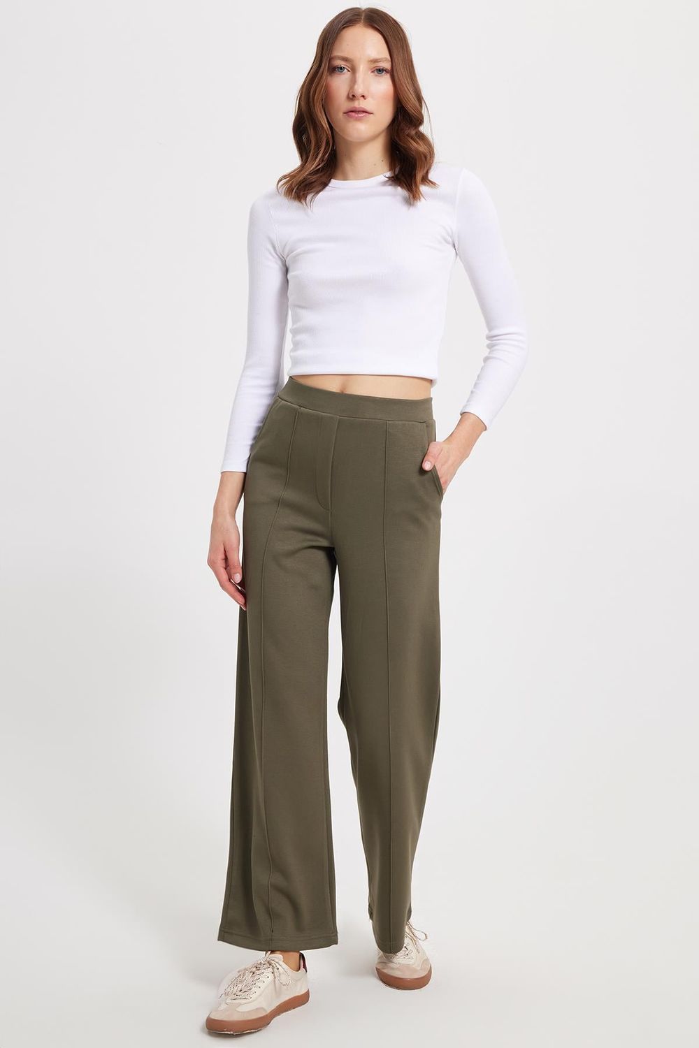 Kadın Relax Fit Rahat Kesim Modal Kumaş Yüksel Bel Geniş Paça Koyu Haki Pantolon