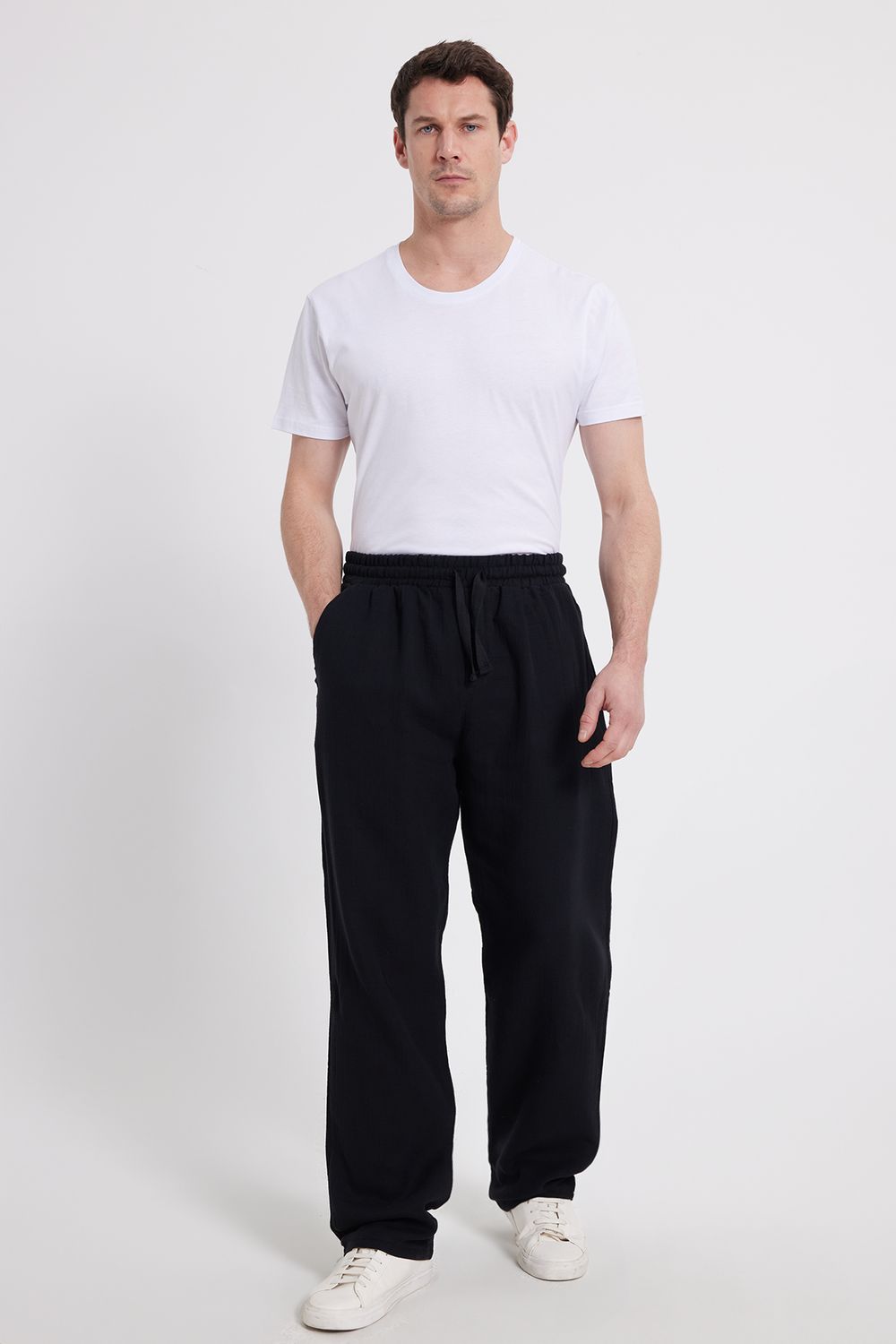 Erkek Baggy Fit Geniş Kesim %100 Pamuk Beli Lastikli Yandan Cepli Müslin Siyah Düz Pantolon
