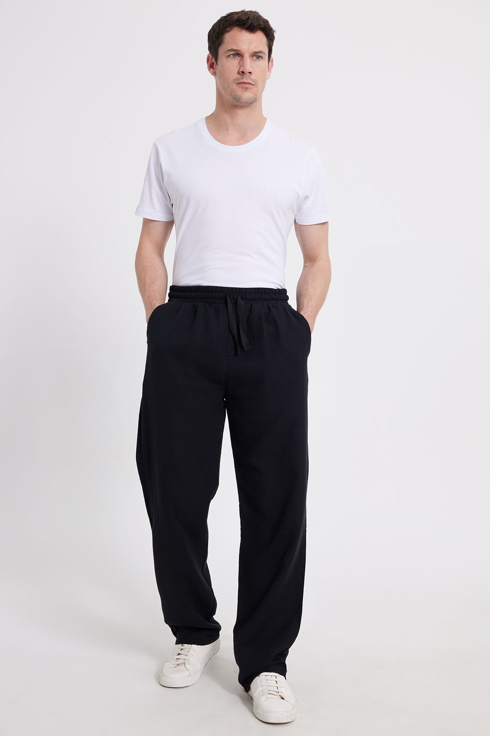 Erkek Baggy Fit Geniş Kesim %100 Pamuk Beli Lastikli Yandan Cepli Müslin Siyah Düz Pantolon