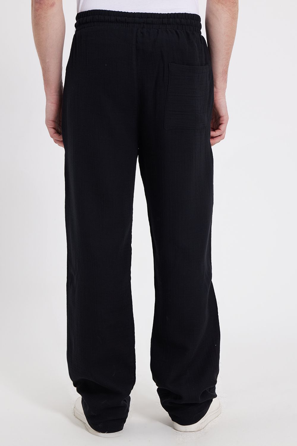 Erkek Baggy Fit Geniş Kesim %100 Pamuk Beli Lastikli Yandan Cepli Müslin Siyah Düz Pantolon