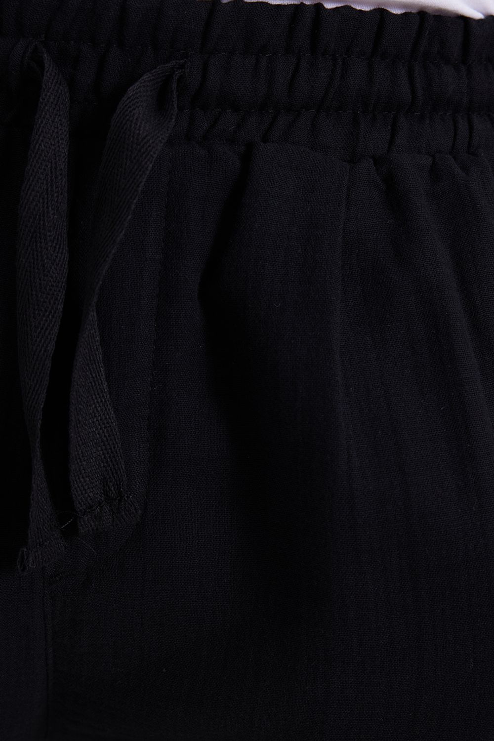 Erkek Baggy Fit Geniş Kesim %100 Pamuk Beli Lastikli Yandan Cepli Müslin Siyah Düz Pantolon