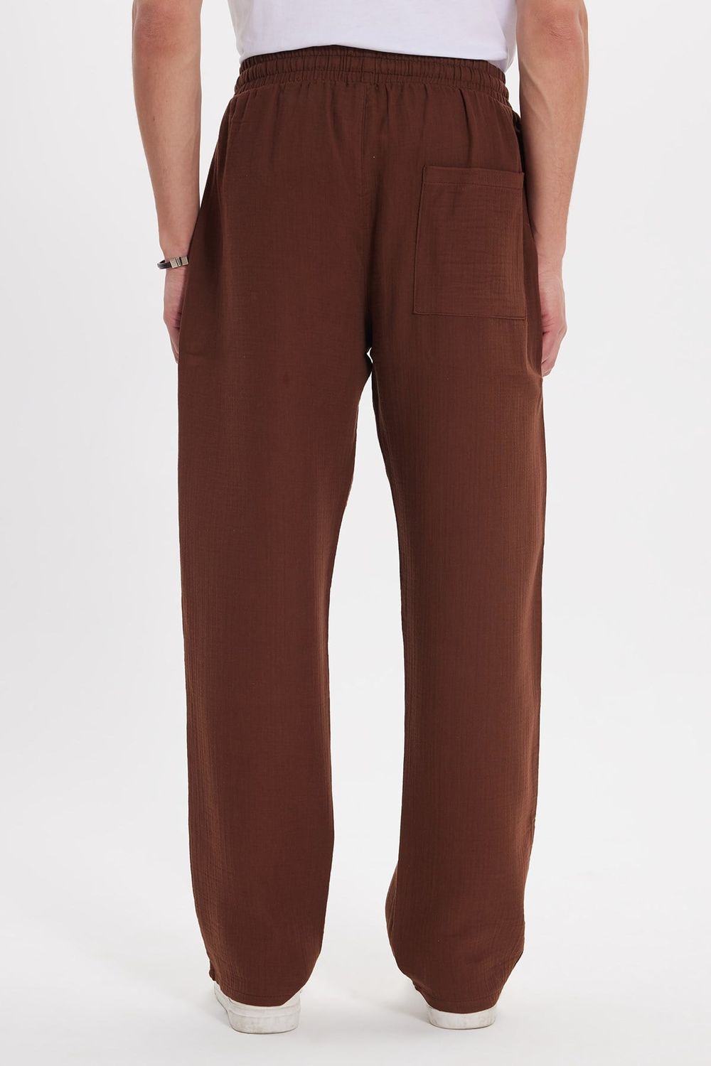 Erkek Baggy Fit Geniş Kesim %100 Pamuk Beli Lastikli Yandan Cepli Müslin Kahverengi Düz Pantolon