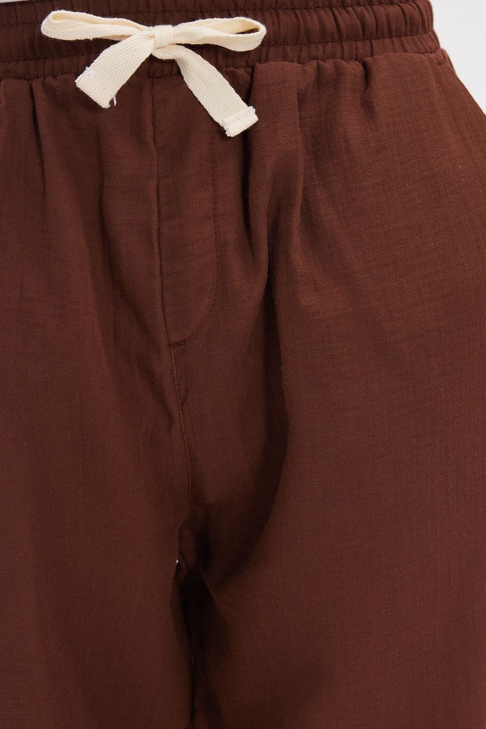 Erkek Baggy Fit Geniş Kesim %100 Pamuk Beli Lastikli Yandan Cepli Müslin Kahverengi Düz Pantolon