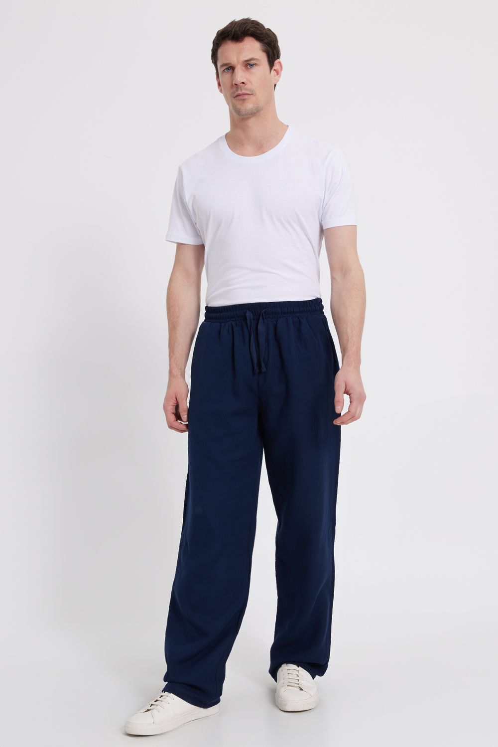 Erkek Baggy Fit Geniş Kesim %100 Pamuk Beli Lastikli Yandan Cepli Müslin Lacivert Düz Pantolon