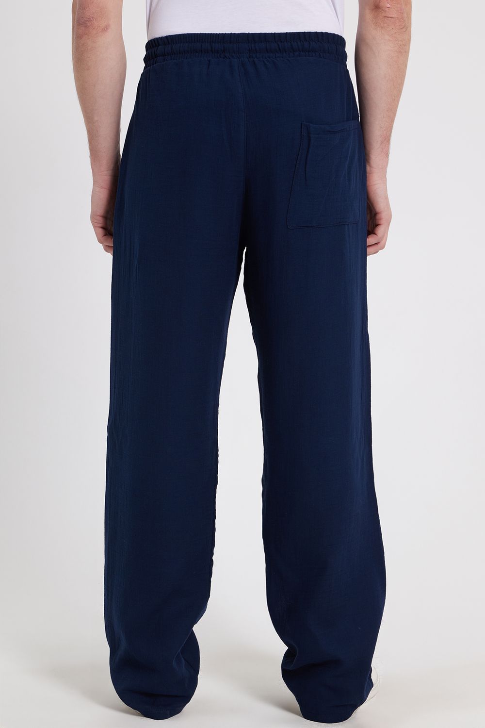 Erkek Baggy Fit Geniş Kesim %100 Pamuk Beli Lastikli Yandan Cepli Müslin Lacivert Düz Pantolon