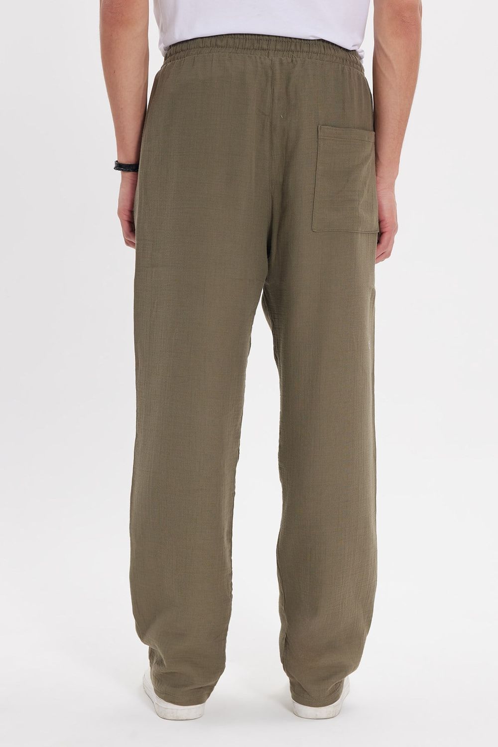 Erkek Baggy Fit Geniş Kesim %100 Pamuk Beli Lastikli Yandan Cepli Müslin Haki Düz Pantolon