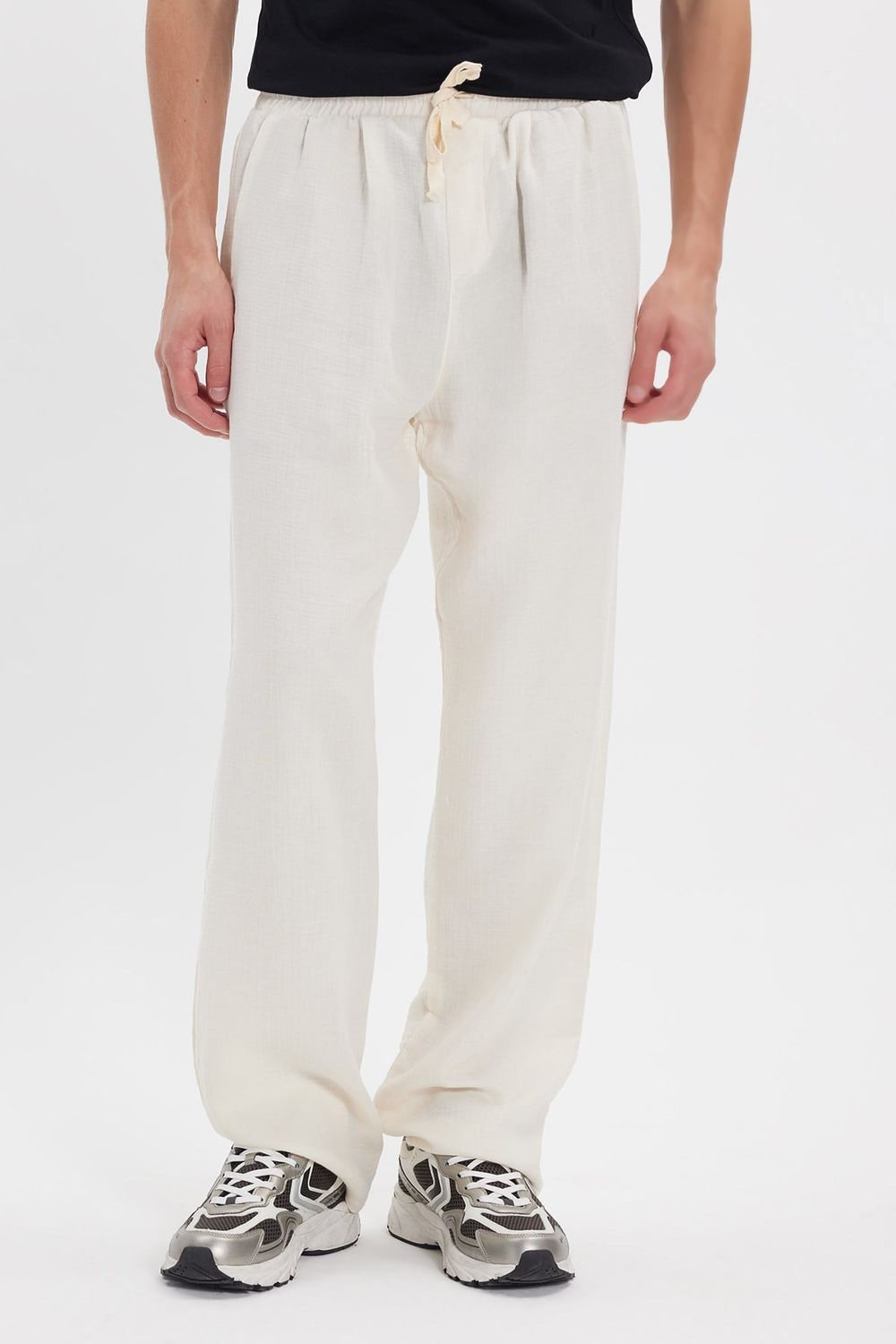 Erkek Baggy Fit Geniş Kesim %100 Pamuk Beli Lastikli Yandan Cepli Müslin Ekru Düz Pantolon