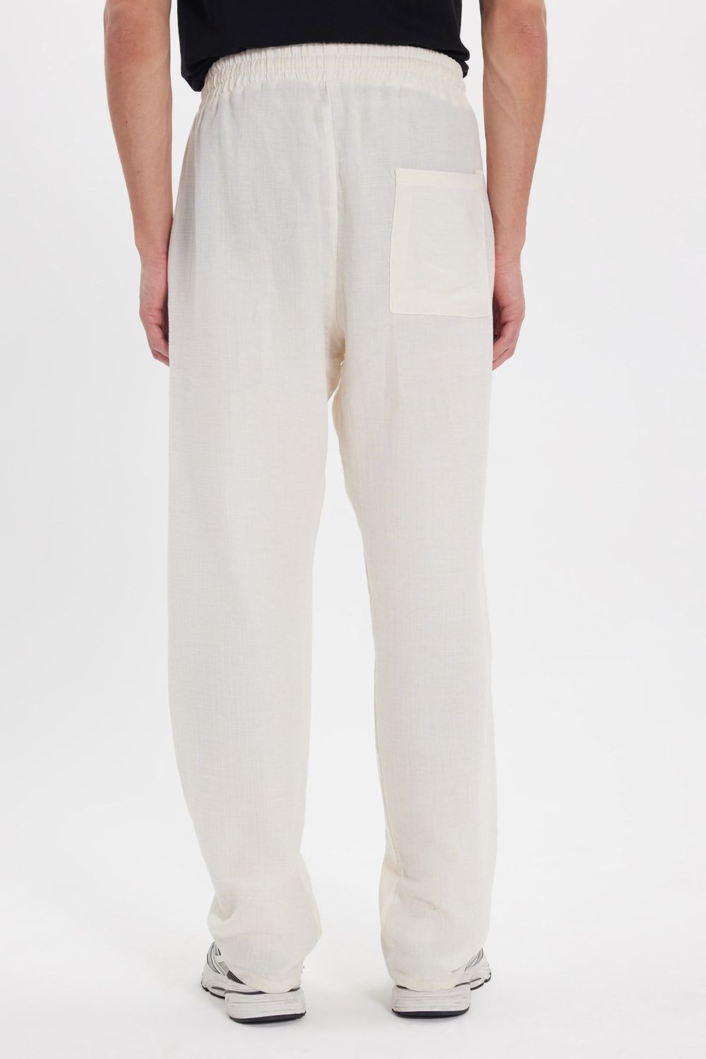 Erkek Baggy Fit Geniş Kesim %100 Pamuk Beli Lastikli Yandan Cepli Müslin Ekru Düz Pantolon