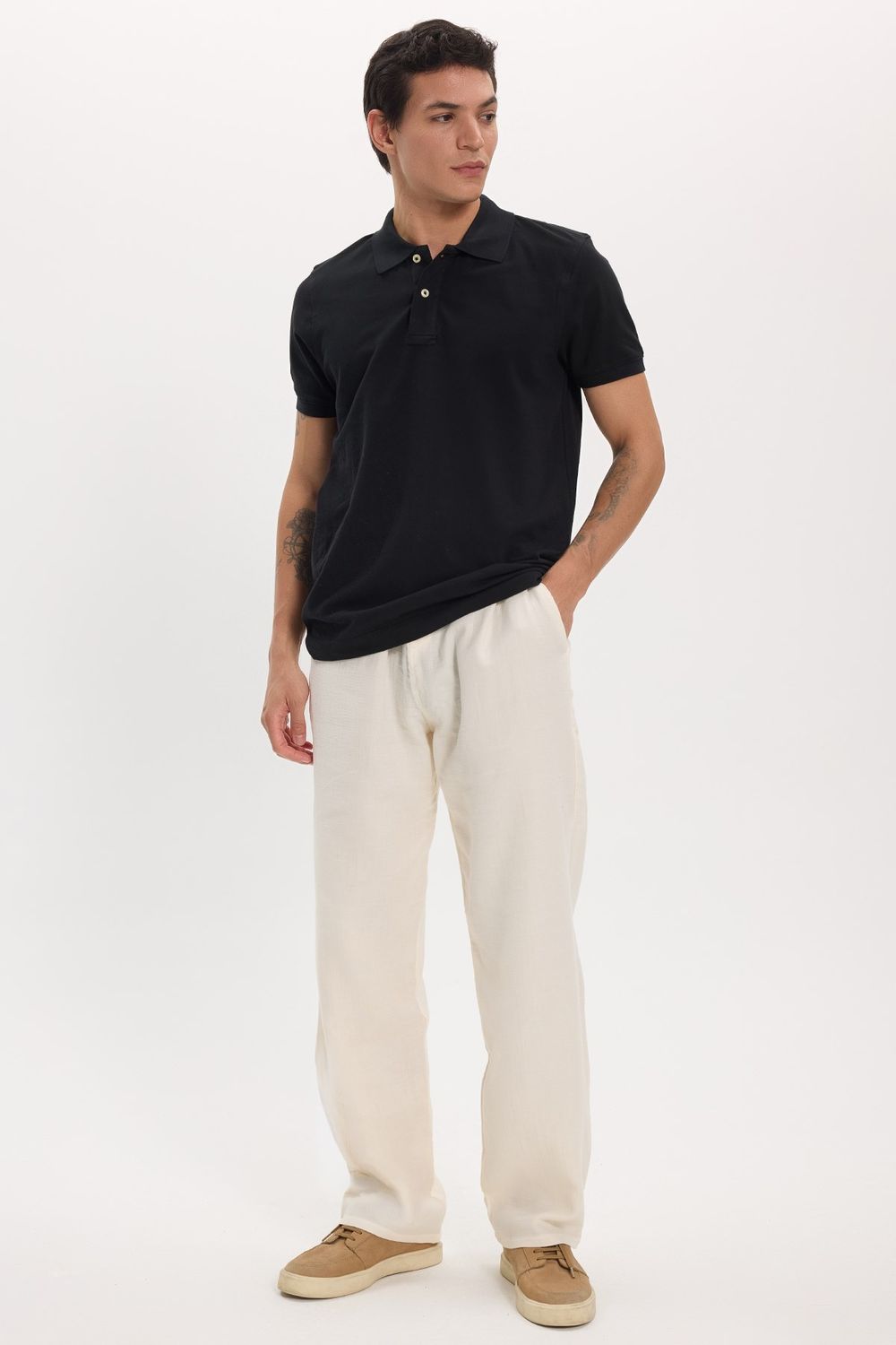 Erkek Baggy Fit Geniş Kesim %100 Pamuk Beli Lastikli Yandan Cepli Müslin Ekru Düz Pantolon