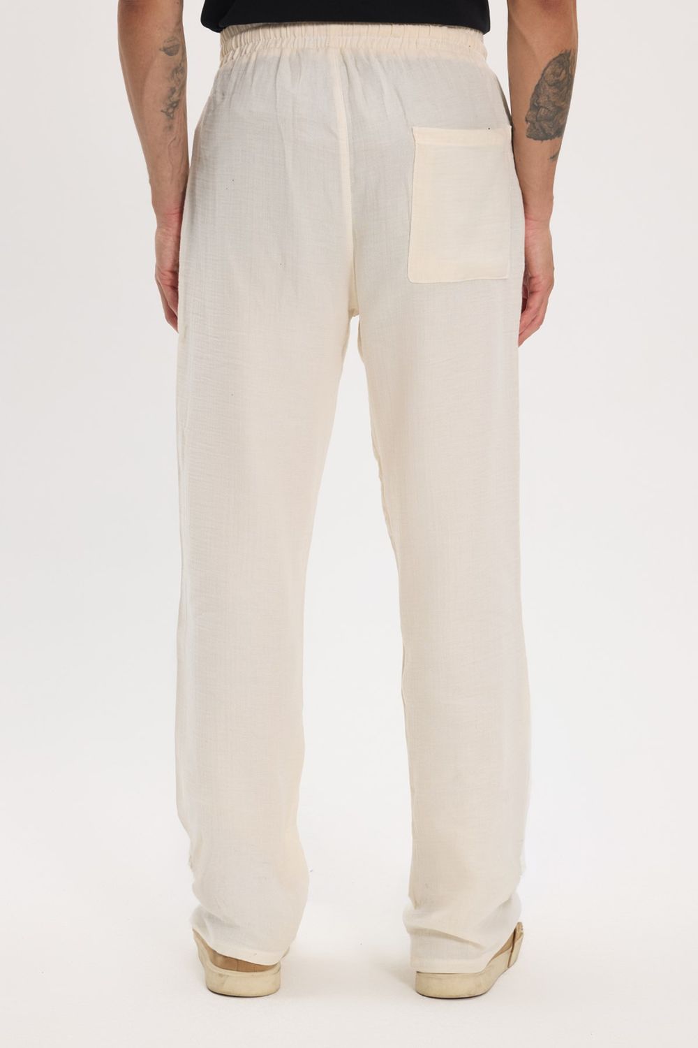 Erkek Baggy Fit Geniş Kesim %100 Pamuk Beli Lastikli Yandan Cepli Müslin Ekru Düz Pantolon
