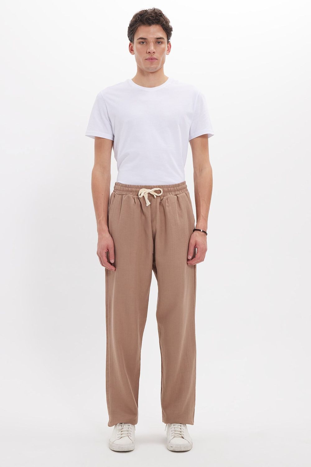 Erkek Baggy Fit Geniş Kesim %100 Pamuk Beli Lastikli Yandan Cepli Müslin Bej Düz Pantolon
