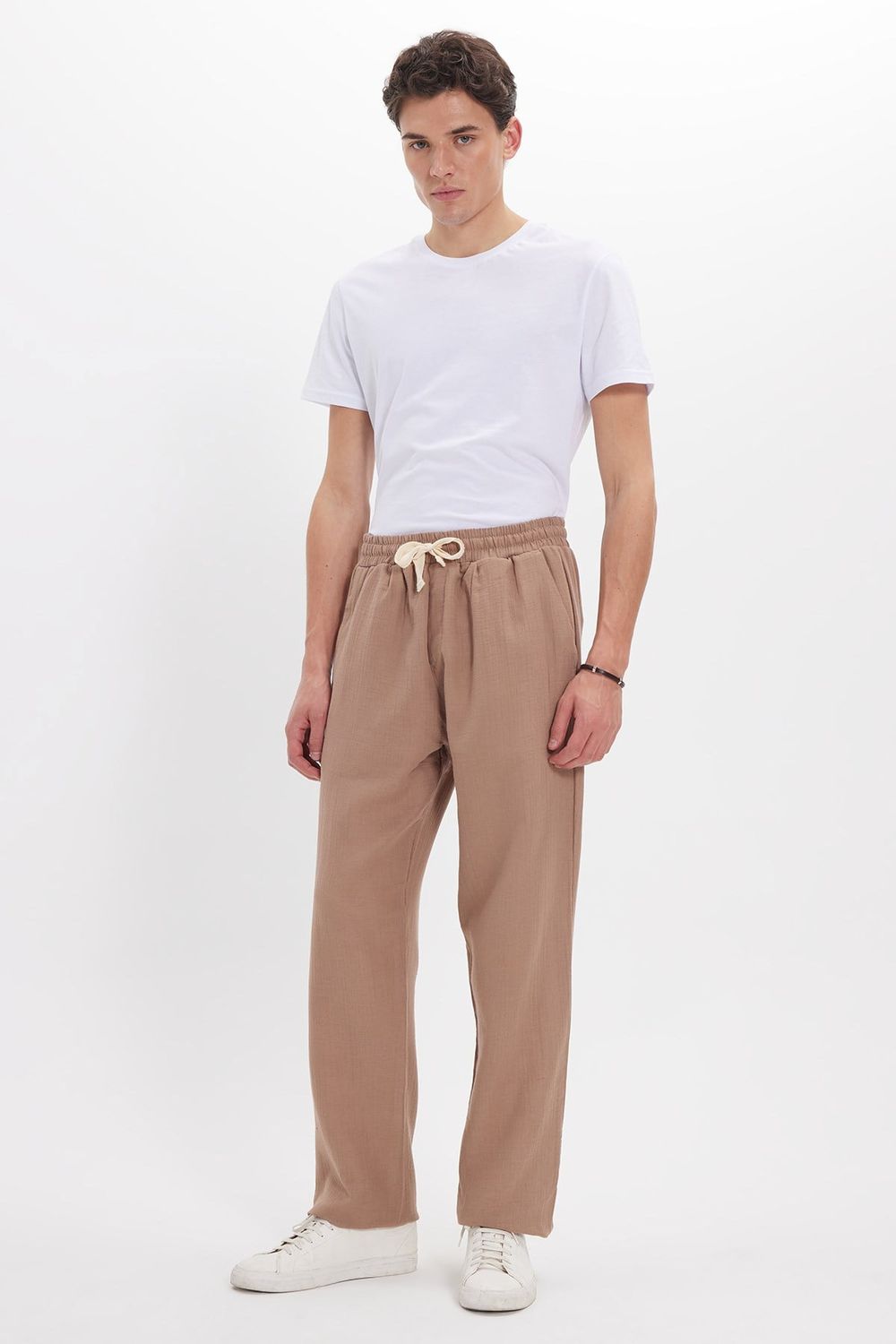 Erkek Baggy Fit Geniş Kesim %100 Pamuk Beli Lastikli Yandan Cepli Müslin Bej Düz Pantolon