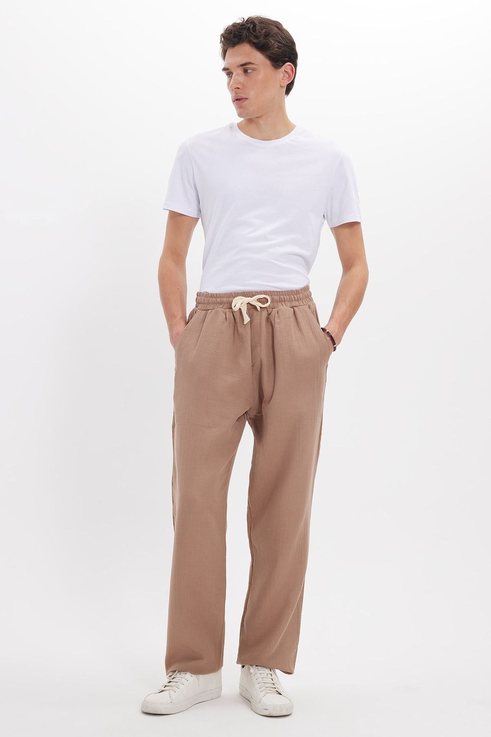 Erkek Baggy Fit Geniş Kesim %100 Pamuk Beli Lastikli Yandan Cepli Müslin Bej Düz Pantolon