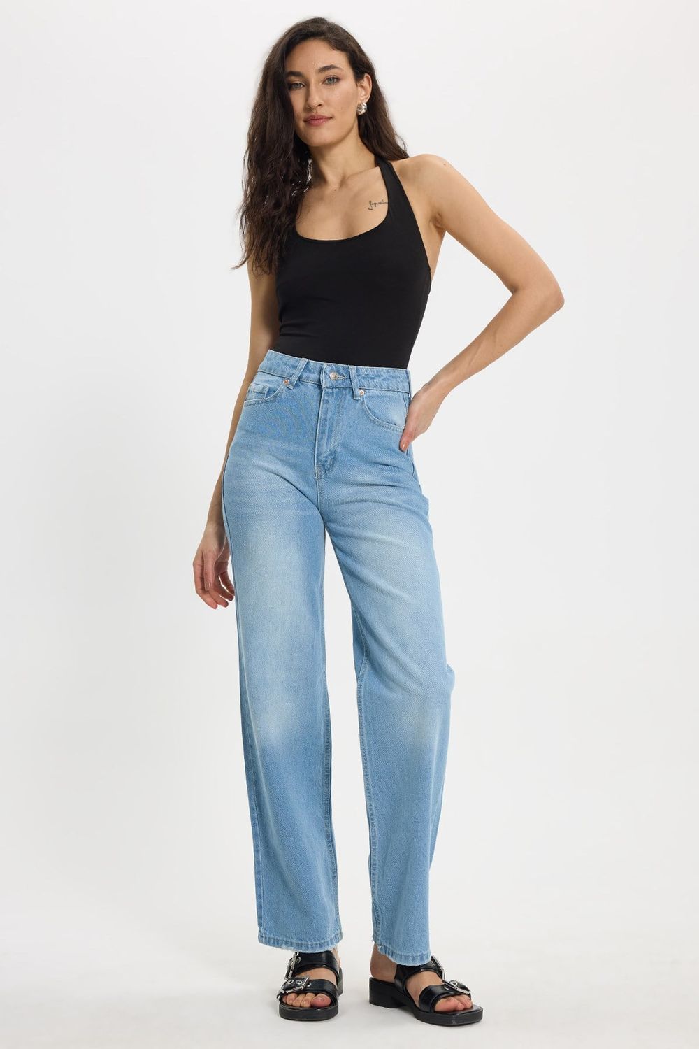 Kadın Relax Fit Rahat Kesim %100 Pamuk Cepli Geniş Paça Açık Mavi Jean Kot Pantolon