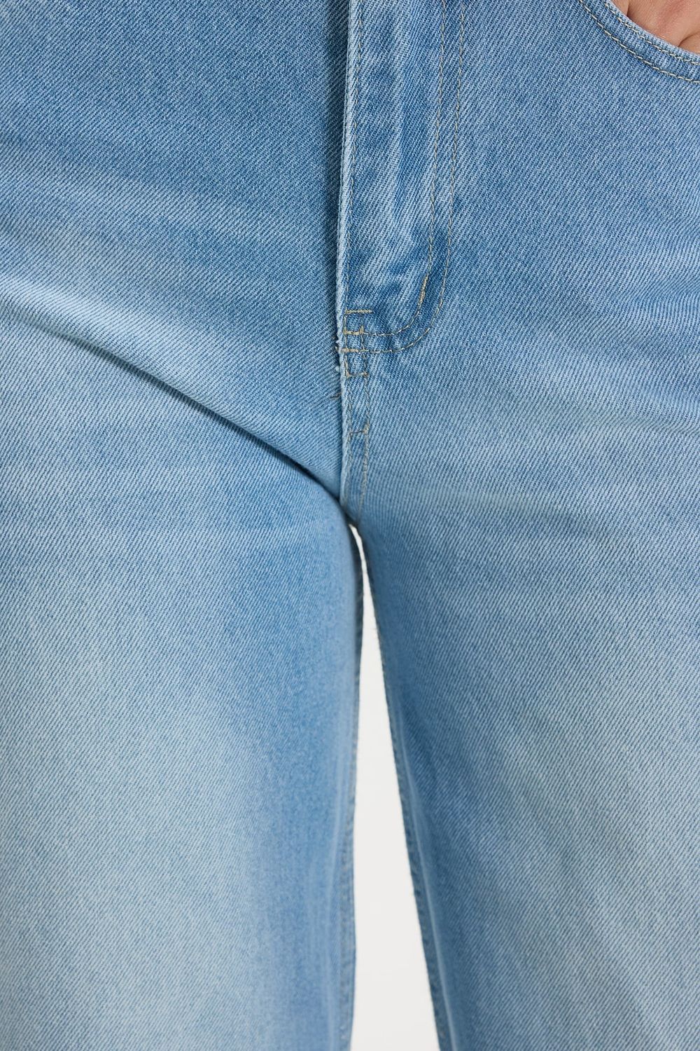 Kadın Relax Fit Rahat Kesim %100 Pamuk Cepli Geniş Paça Açık Mavi Jean Kot Pantolon