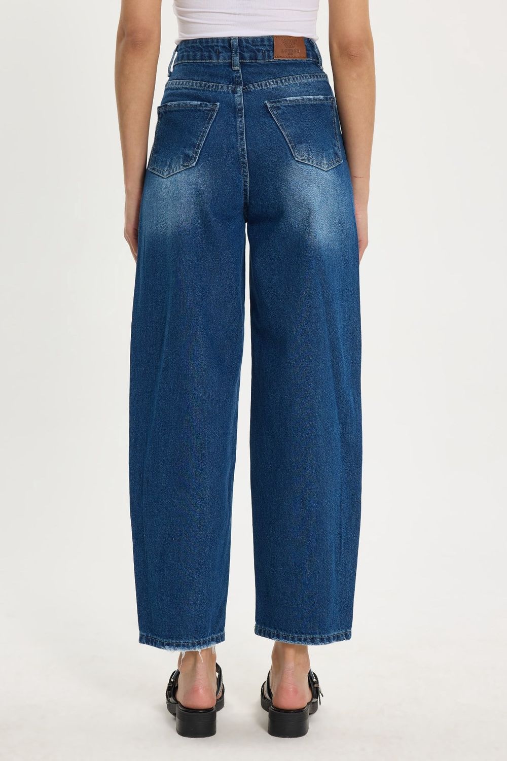 Kadın Relax Fit Rahat Kesim %100 Pamuk Cepli Geniş Paça Lacivert Jean Kot Pantolon