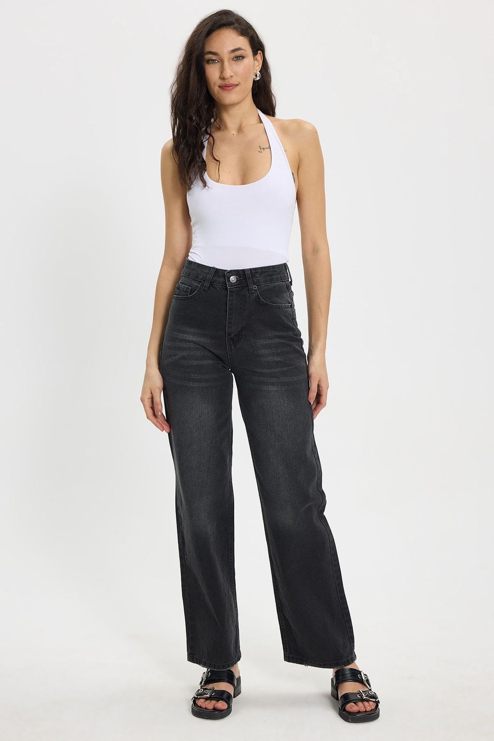 Kadın Relax Fit Rahat Kesim %100 Pamuk Cepli Geniş Paça Siyah Jean Kot Pantolon