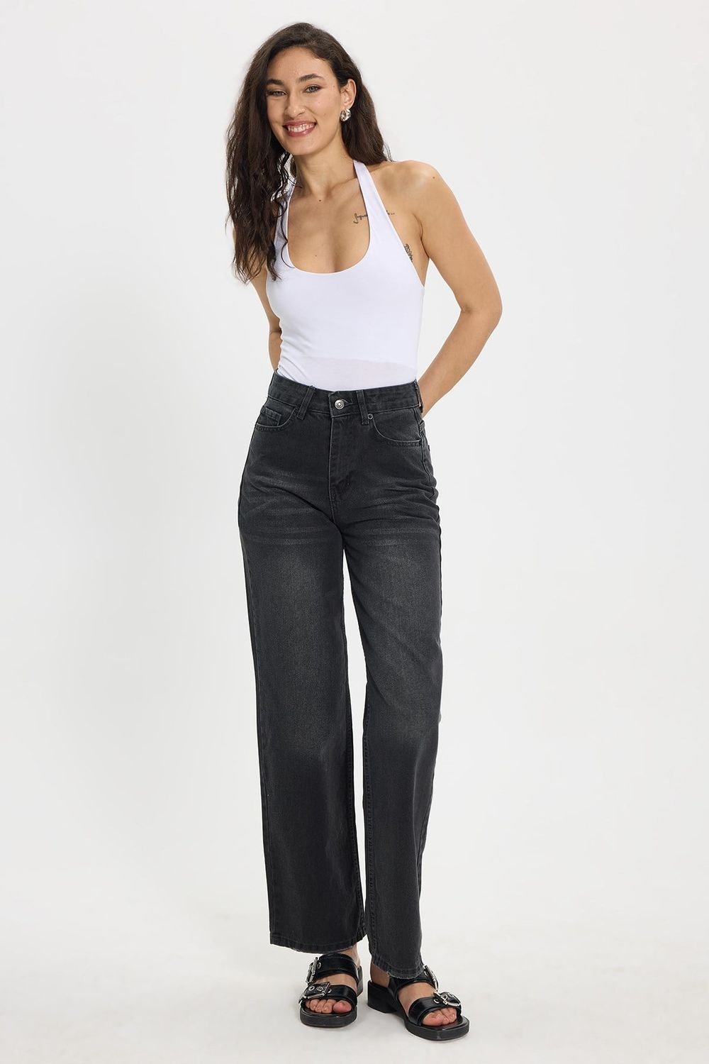 Kadın Relax Fit Rahat Kesim %100 Pamuk Cepli Geniş Paça Siyah Jean Kot Pantolon