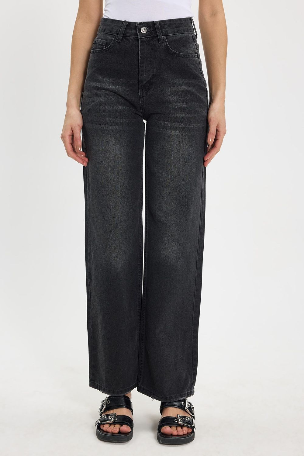 Kadın Relax Fit Rahat Kesim %100 Pamuk Cepli Geniş Paça Siyah Jean Kot Pantolon