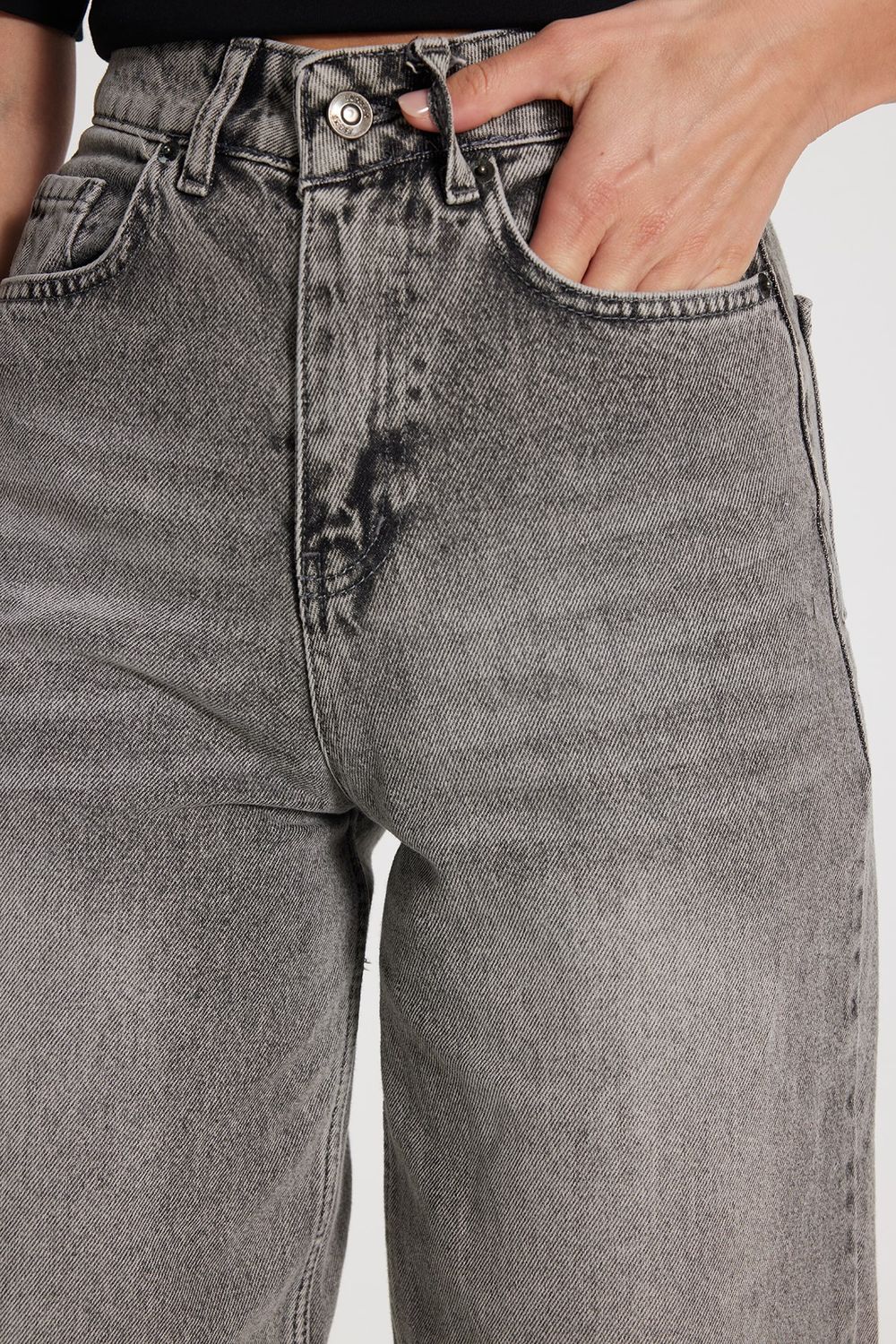 Kadın Relax Fit Rahat Kesim %100 Pamuk Cepli Geniş Paça Gri Jean Kot Pantolon