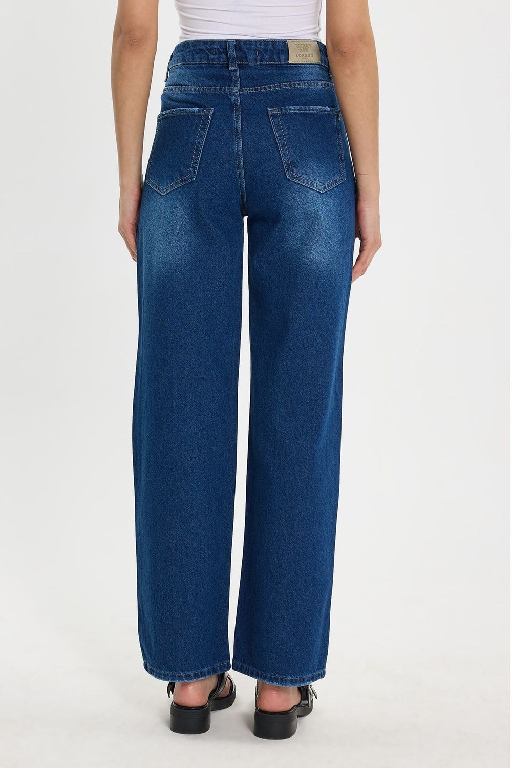 Kadın Relax Fit Rahat Kesim %100 Pamuk Cepli Geniş Paça Lacivert Jean Kot Pantolon