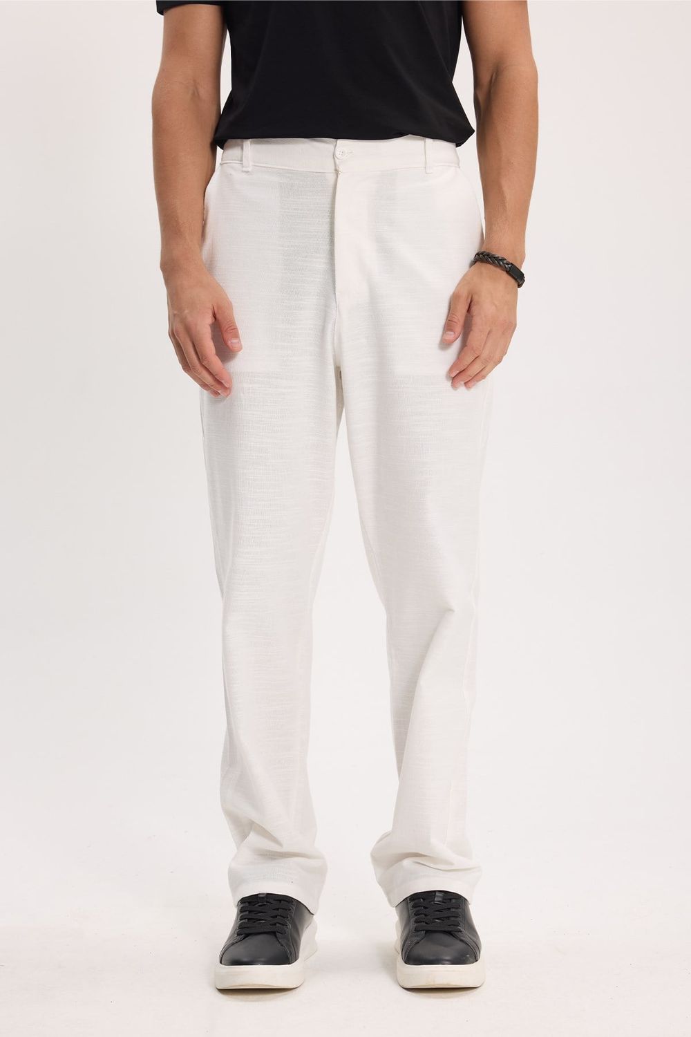 Erkek Relax Fit Rahat Kesim %100 Pamuk Geniş Paça Keten Kumaş Çift Cepli Beyaz Pantolon
