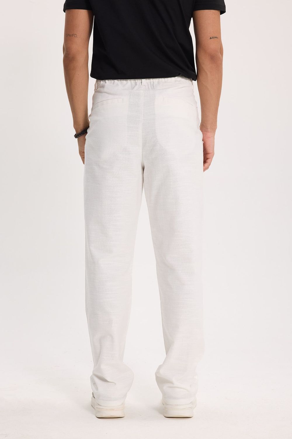Erkek Relax Fit Rahat Kesim %100 Pamuk Geniş Paça Keten Kumaş Çift Cepli Beyaz Pantolon
