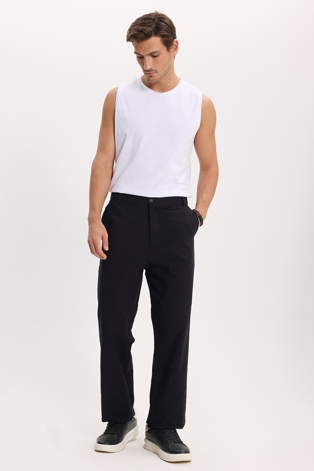 Erkek Relax Fit Rahat Kesim %100 Pamuk Geniş Paça Keten Kumaş Çift Cepli Siyah Pantolon