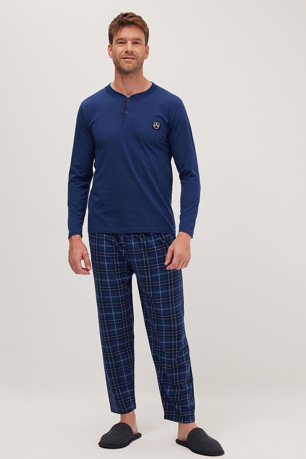 Erkek Regular Fit Pamuklu Düğmeli Yaka Beli Lastikli Desenli İndigo Pijama Takımı
