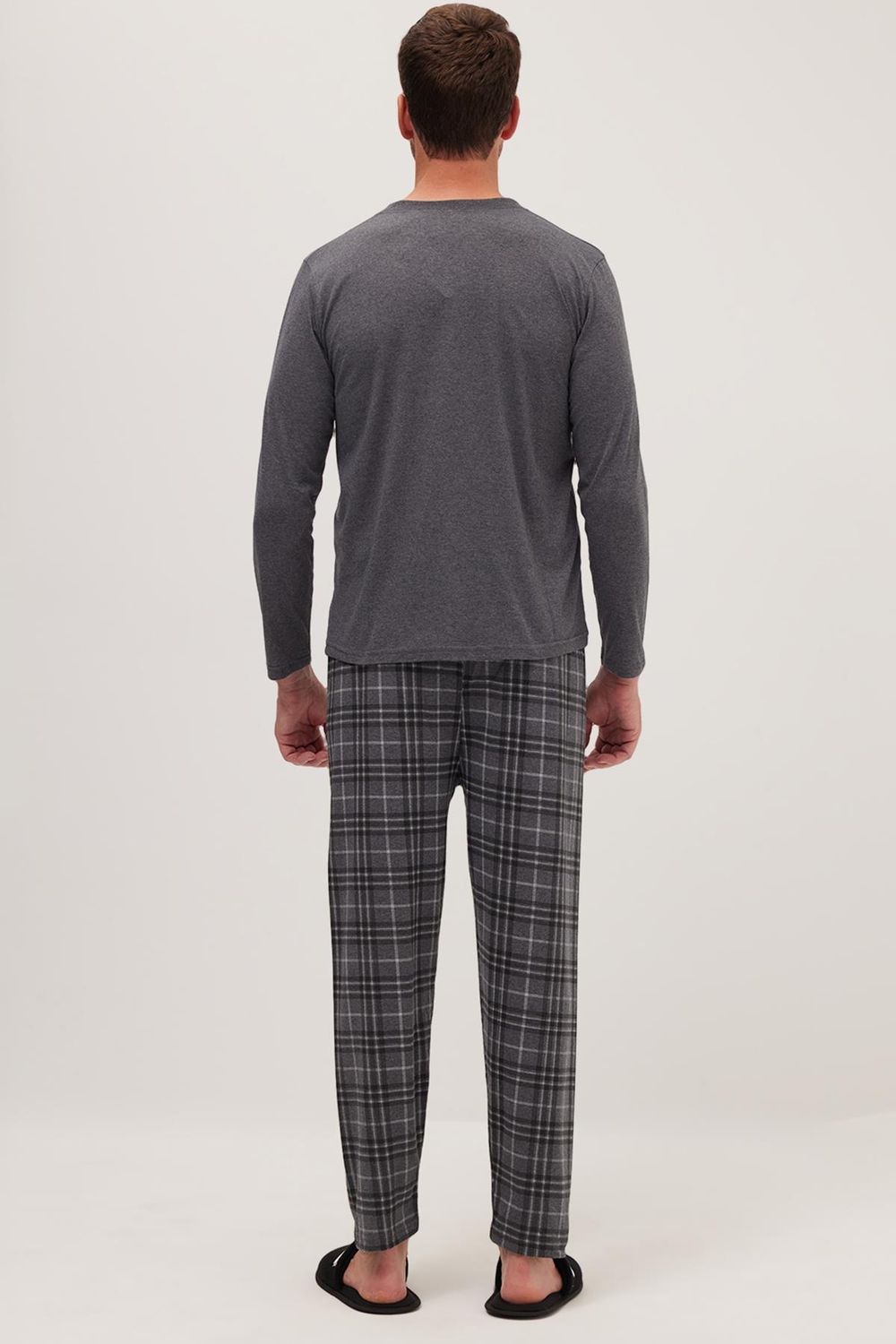 Erkek Regular Fit Pamuklu Düğmeli Yaka Beli Lastikli Desenli Gri Pijama Takımı
