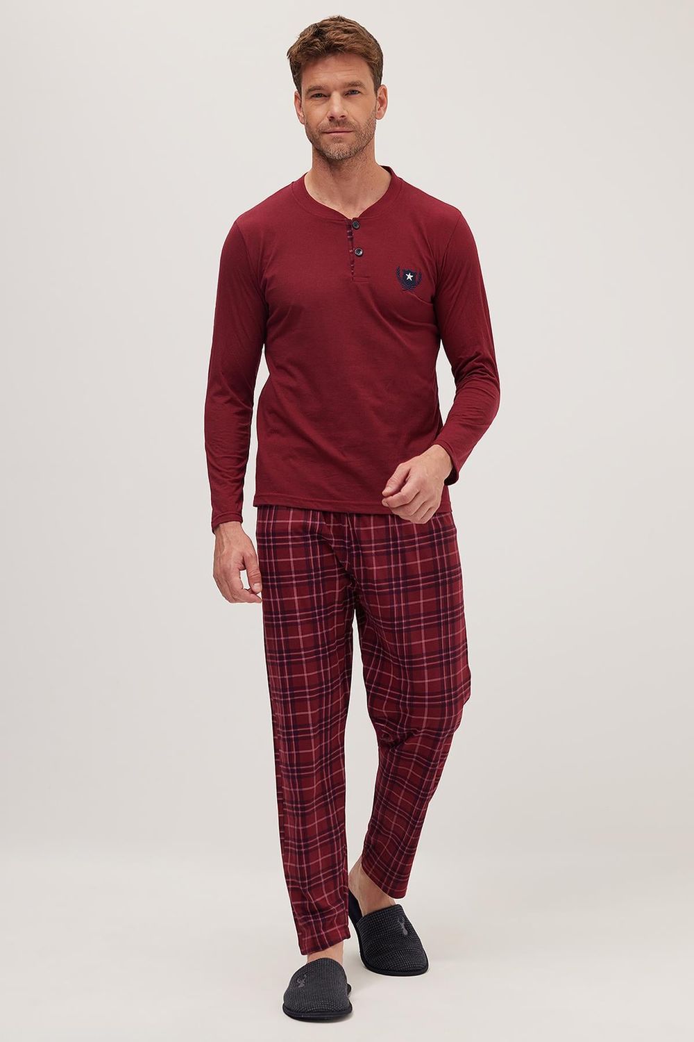 Erkek Regular Fit Pamuklu Düğmeli Yaka Beli Lastikli Desenli Bordo Pijama Takımı