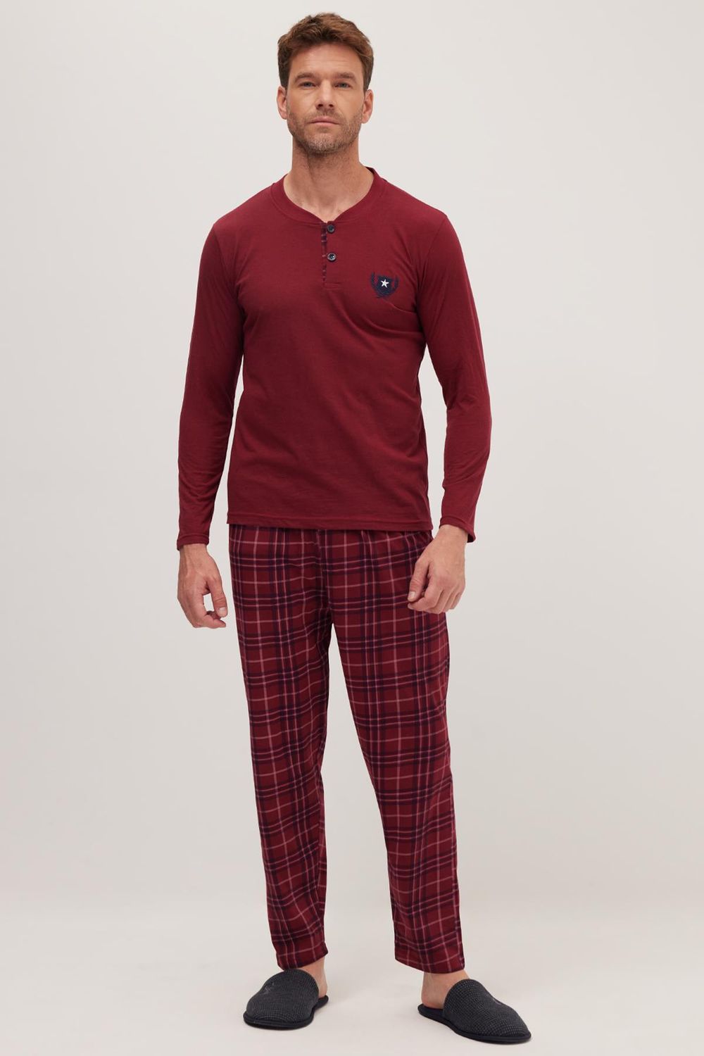 Erkek Regular Fit Pamuklu Düğmeli Yaka Beli Lastikli Desenli Bordo Pijama Takımı
