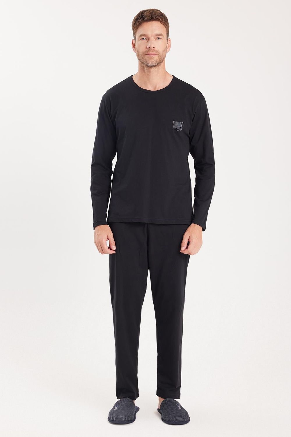 Erkek Standart Fit %100 Pamuk Bisiklet Yaka Beli Lastikli Siyah Pijama Takımı