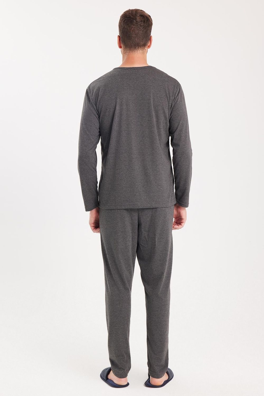 Erkek Standart Fit %100 Pamuk Bisiklet Yaka Beli Lastikli Antrasit Pijama Takımı