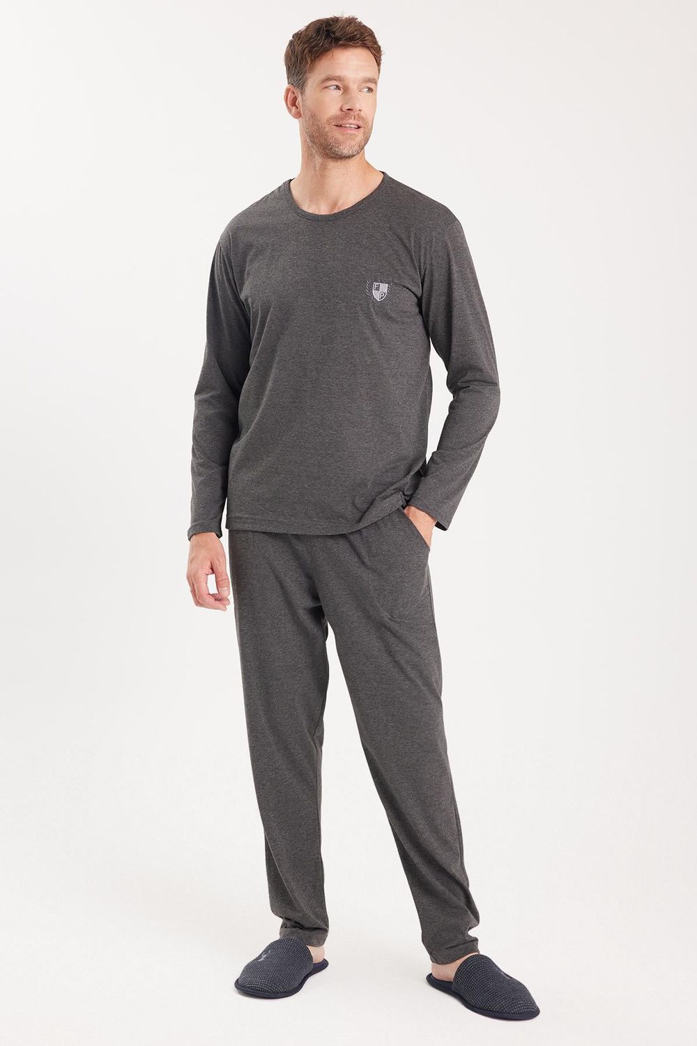 Erkek Standart Fit %100 Pamuk Bisiklet Yaka Beli Lastikli Antrasit Pijama Takımı