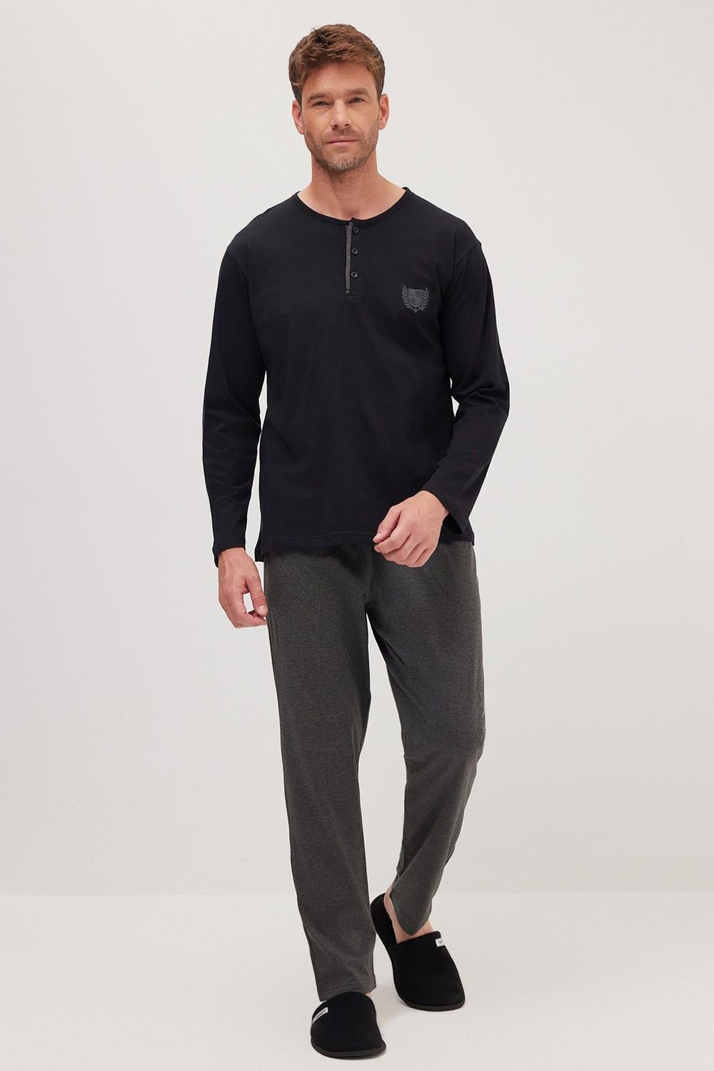 Erkek Standart Fit Normal Kesim %100 Pamuk Bisiklet Yaka Beli Lastikli Antrasit Pijama Takımı