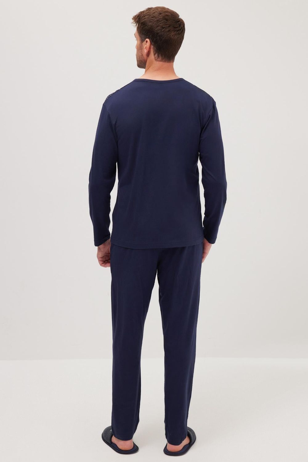 Erkek Standart Fit Normal Kesim %100 Pamuk Bisiklet Yaka Beli Lastikli Lacivert Pijama Takımı