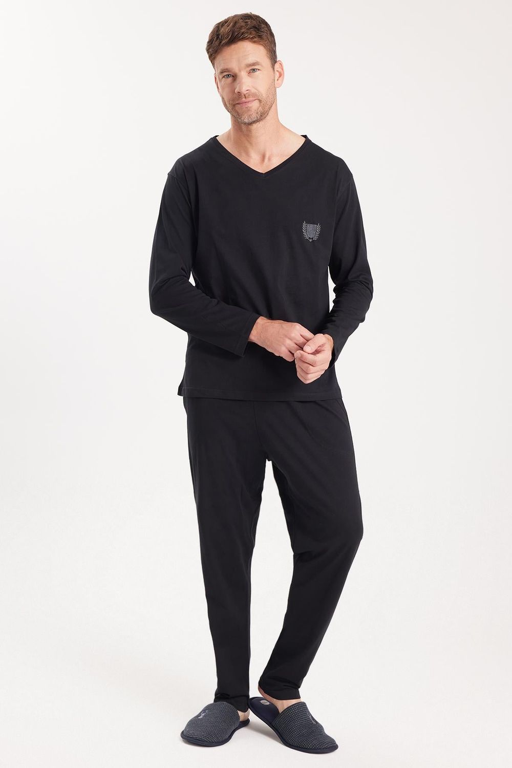 Erkek Standart Fit %100 Pamuk V Yaka Beli Lastikli Siyah Pijama Takımı