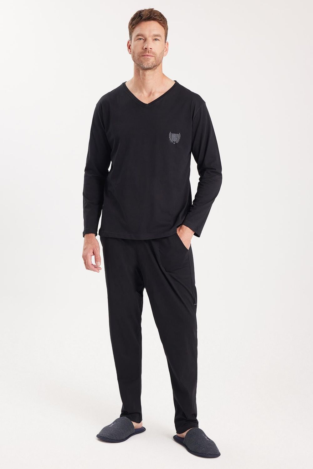 Erkek Standart Fit %100 Pamuk V Yaka Beli Lastikli Siyah Pijama Takımı