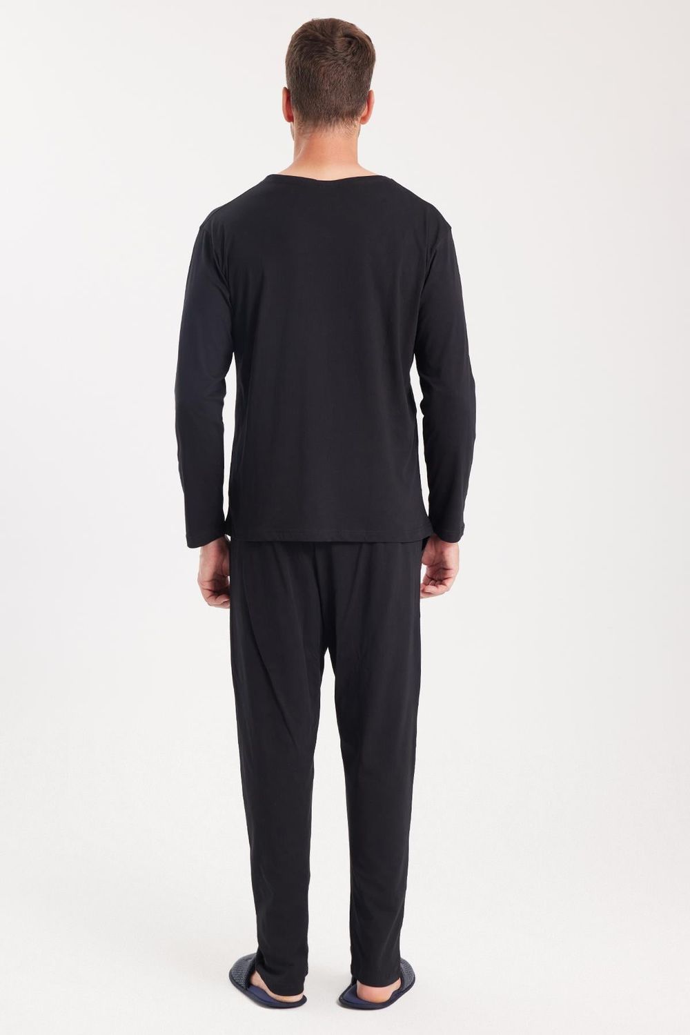 Erkek Standart Fit %100 Pamuk V Yaka Beli Lastikli Siyah Pijama Takımı