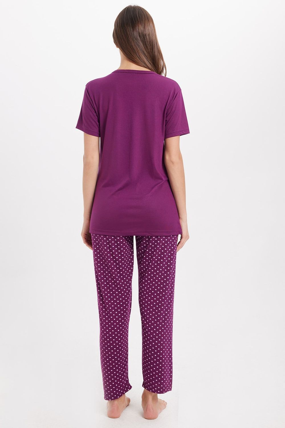 Kadın Standart Fit Normal Kesim Bisiklet Yaka Kısa Kollu Baskılı Mor Pijama Takımı